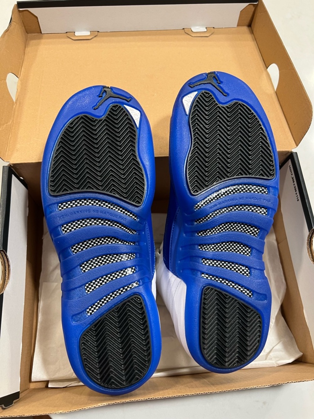 Jordan White and Royal Blue Retro 12 Sneakers - Picture 12 of 13